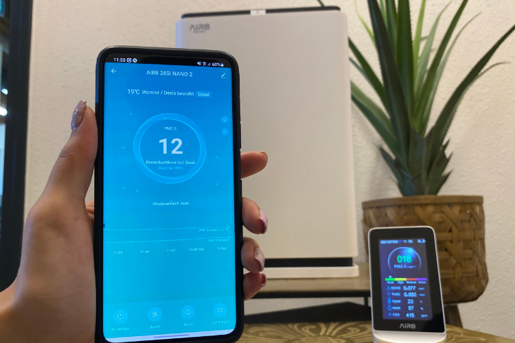 Smart luchtkwaliteitsmeter met app en mobiele luchtreiniger