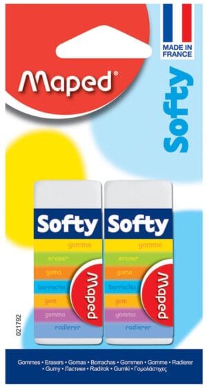 Blister met twee witte Maped Softy potloodgummen in medium formaat