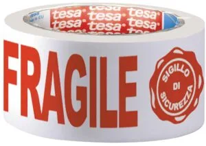 Rol tesa verpakkingsplakband FRAGILE van 50 mm breed met rode bedrukking