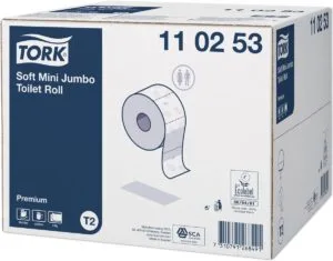 Tork Premium Mini jumborol toiletpapier zacht, 2-laags, systeem T2, wit — productfoto 2