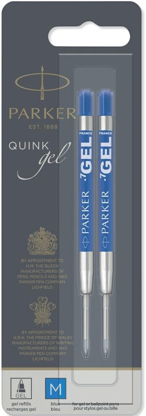 Blister met twee Parker Quink Gel balpenvullingen medium in blauw