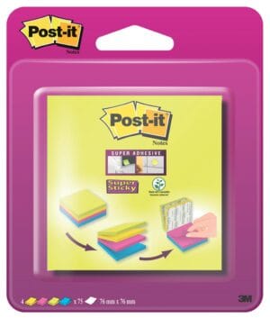 Post-it Super Sticky notes 76 × 76 mm - 75 vel, blister van 4 blokken, geassorteerde kleuren — productfoto 2