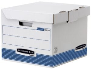 Blauwe Bankers Box Fellowes Flip Top archiefkubus met aangehecht deksel