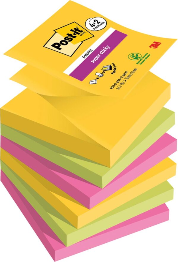 Post-it Super Sticky Z-notes Carnival, 90 vel, ft 76 x 76 mm, 4 + 2 GRATIS - Afbeelding 2