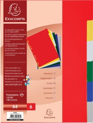 Exacompta tabbladen voor ft A4, uit PP 12/100e, 6 tabs, geassorteerde kleuren — neutrale tabbladen