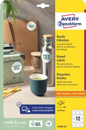 Vel met ronde witte Avery Zweckform etiketten van 60 mm diameter