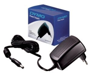 Zwarte Dymo stroomadapter van 9 volt / 2,0 A