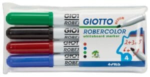 Etui met vier Giotto Robercolor whiteboardmarkers in groen, zwart, rood en blauw