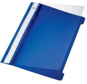 Doos met 25 blauwe Leitz snelhechtmappen in A5-formaat met transparant voorblad