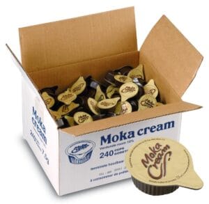 Doos met 240 cups geconcentreerde melk van 7,5 ml, Moka cream