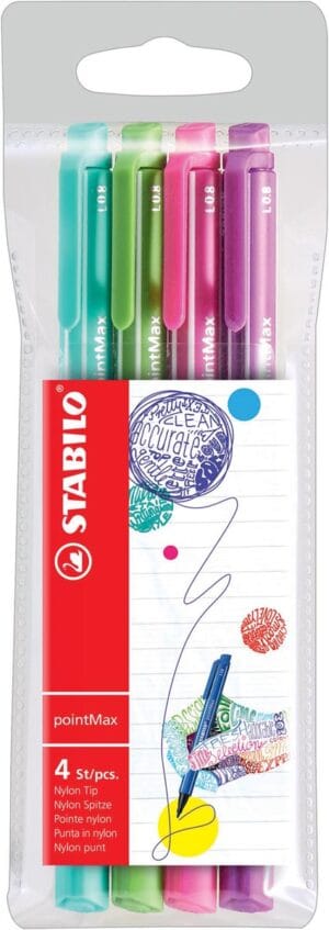 Etui met vier STABILO pointMax schrijfstiften in fun kleuren ijsgroen, lichtgroen, roze en lila