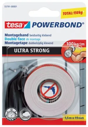 Tesa Powerbond montagetape Ultra Strong, dubbelzijdig ft 19 mm x 1,5 m, wit, op blister — montagemateriaal