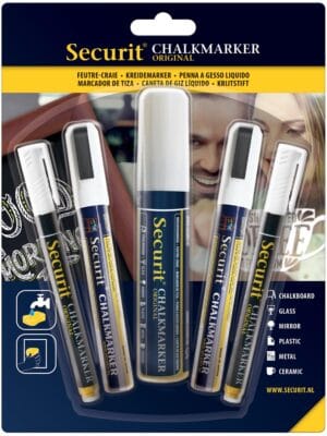 Etui met vijf witte Securit krijtmarkers in geassorteerde diktes