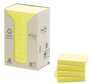 Pak met 24 blokken gele Post-it Recycled notes van 38 × 51 mm, 100 vel per blok