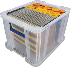 Bankers Box opbergdoos 36 liter - transparant met blauwe handvaten — productfoto 2