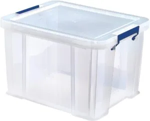 Transparante Bankers Box opbergdoos van 36 liter met blauwe handvaten en dekselclips