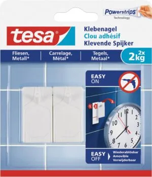 Tesa Klevende Spijker voor Tegels en Metaal, draagvermogen 2 kilogram, blister van 2 stuks — montagemateriaal