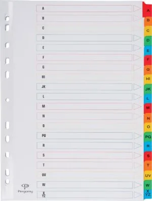 Pergamy tabbladen met indexblad, ft A4, 11-gaatsperforatie, geassorteerde kleuren, A-Z 20 met tabs