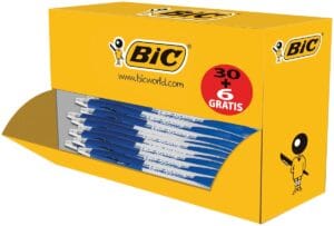 Doos met Bic Atlantis Classic balpennen in blauw, 30 stuks plus 6 gratis