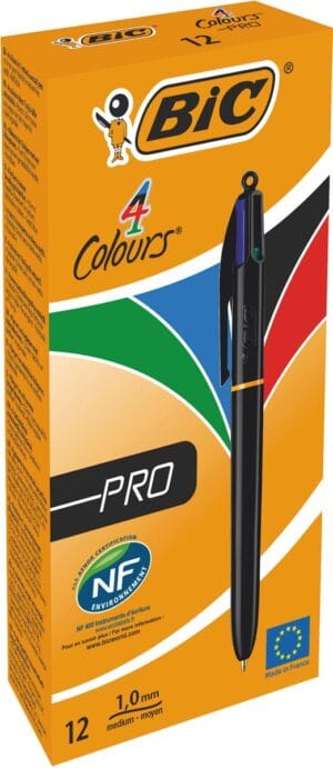 Bic Colours Pro 4-kleurenbalpen met zwart lichaam en punten in rood, groen, blauw en zwart
