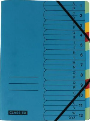 Blauwe Classex Class'ex sorteermap A-Z en 1-12 met 12 tabs in geassorteerde kleuren