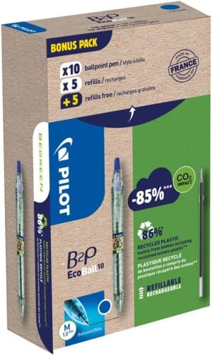 Tien blauwe Pilot Ecoball B2P BeGreen balpennen met medium punt en vullingen