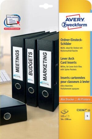 Zweck Printbare insteekkaarten voor ordnerrug ft 5,4 x 19 cm, rug van 8 cm, 125 stuks — niet-zelfklevende rugetiketten