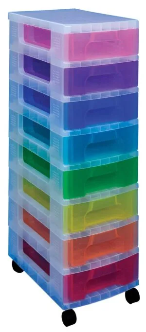 Really Useful Box ladekast met acht transparante opbergdozen van 7 liter in verschillende kleuren