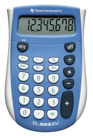 Blauwe Texas Instruments TI-503 SV zakrekenmachine met 8-cijferig LCD-display