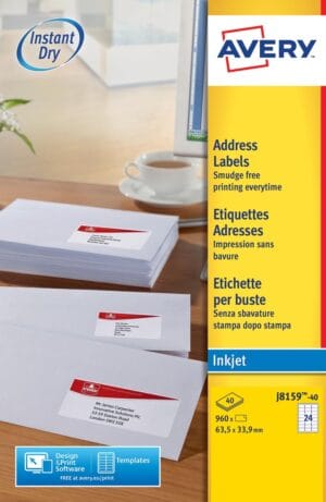 Doos Avery QuickDry inkjetetiketten A4 met 40 vellen van 24 witte etiketten