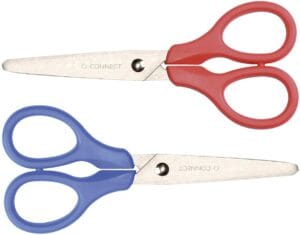 Q-CONNECT schaar, ft 13 cm, rechts en links, ronde punt, RVS, geassorteerde kleuren, blister van 1 stuk