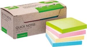 Doos met twaalf Q-Connect Quick Notes Recycled memoblokken van 76 x 76 mm in pastelkleuren