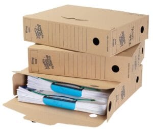 Loeffs archiefdoos Filing Box van bruin karton, 345 × 250 × 80 mm, pak van 50 stuks