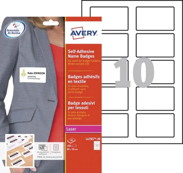 Avery L4785-20 zelfklevende badge ft 80 x 50 mm, doos van 200 stuks, wit - Afbeelding 2