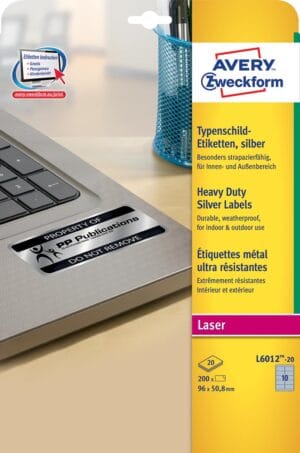 Vel Avery Zweckform ultra-sterke zilverkleurige polyester etiketten van 96 × 50,8 mm