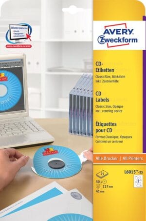 Avery Zweckform L6015-25 CD etiketten, diameter 117 mm, 50 etiketten, wit — multimedia-etiket
