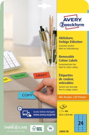 Avery afneembare gekleurde etiketten ft 63,5 x 33,9 mm (b x h), 480 stuks, 24 per blad, blauw — afneembare etiketten