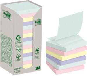 Post-it recycled notes Z-notes memoblokken van 76 × 76 mm in pastelkleuren, pak van 16 blokken