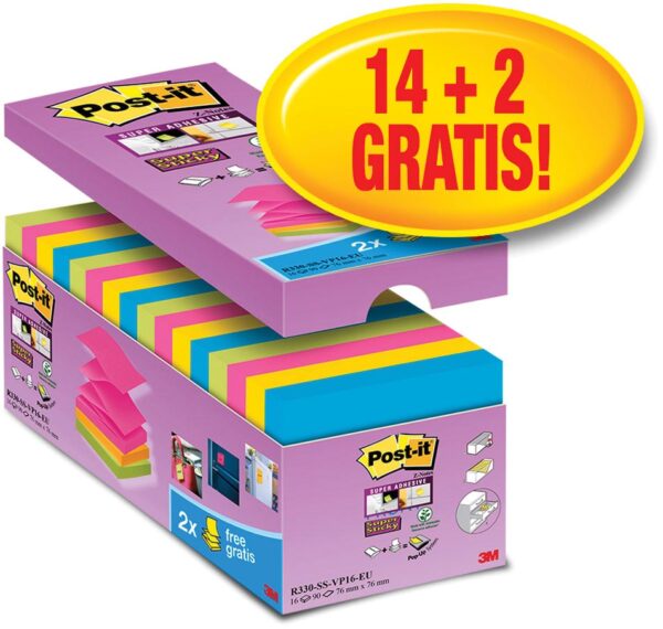 Post-it Super Sticky Z-notes, 90 vel, ft 76 x 76 mm, doos van 14 + 2 gratis, geassorteerde kleuren - Afbeelding 2
