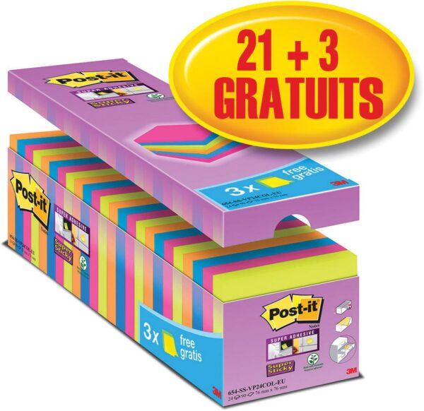 Post-it super Sticky notes, 90 vel, ft 76 x 76 mm, geassorteerde kleuren, pak van 21 blokken + 3 gratis - Afbeelding 2