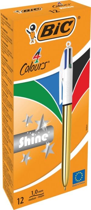 Bic Colours Shine 4-kleurenbalpen met gouden lichaam en clip