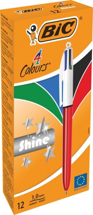 Bic Colours Shine 4-kleurenbalpen met metallic rood lichaam en medium punt