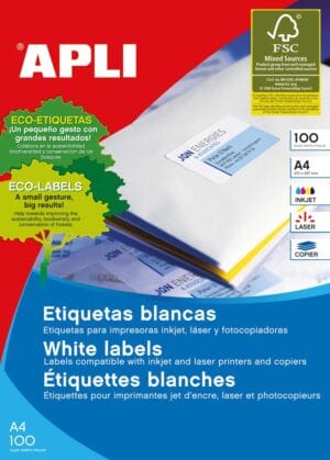 Vel met witte Apli etiketten van 105 × 35 mm, 16 per A4-blad