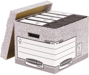 Grijze Fellowes Bankers Box archiefdoos met deksel voor A4-archief