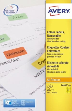 Avery afneembare gekleurde etiketten ft 63,5 x 33,9 mm (b x h), 480 stuks, 24 per blad, geel — afneembare etiketten