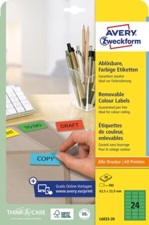 Avery afneembare gekleurde etiketten ft 63,5 x 33,9 mm (b x h), 480 stuks, 24 per blad, groen — afneembare etiketten