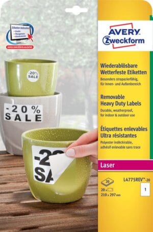 Avery afneembare weerbestendige etiketten ft 210 x 297 mm (b x h), wit, doos van 20 etiketten — afneembare etiketten