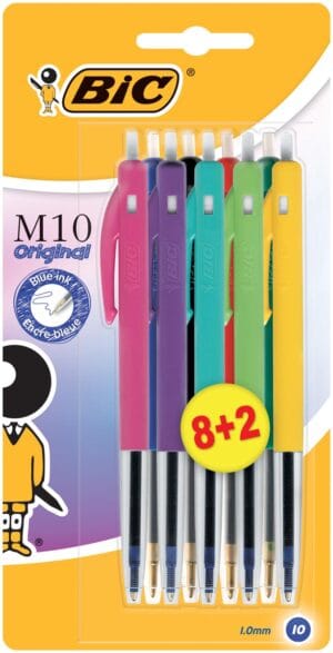 Blister met Bic M10 Clic Pastel balpennen in pastelkleuren, 8+2 gratis