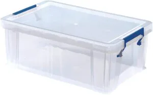 Set van 4 transparante Bankers Box opbergdozen van 10 liter met blauwe handvaten