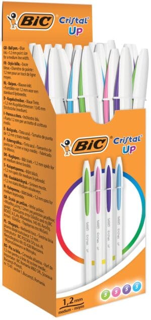 Doos met 20 Bic Cristal Up balpennen in turkoois, paars, roze en limoengroen